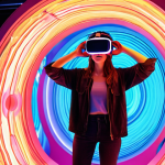 **

Immersive VR art experience, showing a person wearing a VR headset and interacting with a vibrant, colorful 3D sculpture in a virtual space, emphasizing the feeling of being inside the artwork with light effects and musical elements.

**