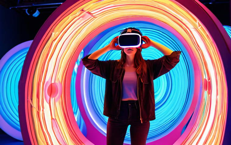 **

Immersive VR art experience, showing a person wearing a VR headset and interacting with a vibrant, colorful 3D sculpture in a virtual space, emphasizing the feeling of being inside the artwork with light effects and musical elements.

**