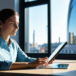 A professional female digital artist, fully clothed in a modest, contemporary business-casual outfit, sits thoughtfully at a sleek desk in a sunlit, minimalist studio. She is looking at a translucent, glowing holographic display that projects intricate, abstract digital art patterns, hinting at AI-generated creativity. Her hands are gently placed on a high-tech digital tablet. The background features blurred cityscapes seen through large windows, emphasizing a modern and innovative environment. Perfect anatomy, correct proportions, natural pose, well-formed hands, proper finger count, natural body proportions, safe for work, appropriate content, professional, high quality, professional photography.