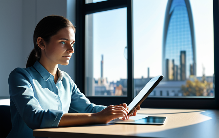 A professional female digital artist, fully clothed in a modest, contemporary business-casual outfit, sits thoughtfully at a sleek desk in a sunlit, minimalist studio. She is looking at a translucent, glowing holographic display that projects intricate, abstract digital art patterns, hinting at AI-generated creativity. Her hands are gently placed on a high-tech digital tablet. The background features blurred cityscapes seen through large windows, emphasizing a modern and innovative environment. Perfect anatomy, correct proportions, natural pose, well-formed hands, proper finger count, natural body proportions, safe for work, appropriate content, professional, high quality, professional photography.