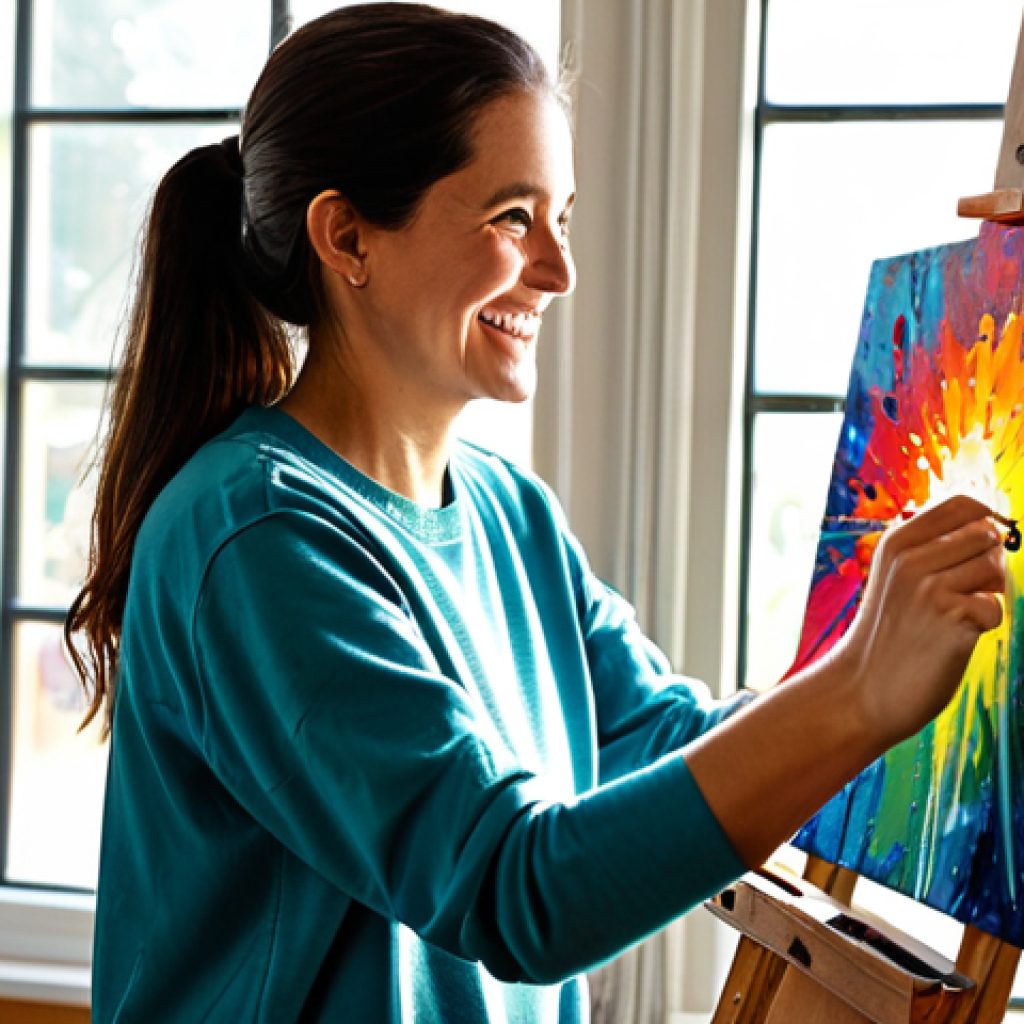 **

A professional female artist in a modest, paint-splattered studio, fully clothed in casual but appropriate attire. She's smiling gently as she examines a vibrant, abstract painting on an easel. Sunlight streams through a large window, illuminating the colorful canvas and her focused expression. Perfect anatomy, correct proportions, well-formed hands, proper finger count, natural body proportions, safe for work, appropriate content, professional, family-friendly.

**