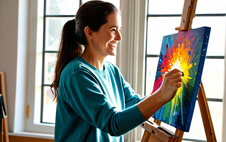 **

A professional female artist in a modest, paint-splattered studio, fully clothed in casual but appropriate attire. She's smiling gently as she examines a vibrant, abstract painting on an easel. Sunlight streams through a large window, illuminating the colorful canvas and her focused expression. Perfect anatomy, correct proportions, well-formed hands, proper finger count, natural body proportions, safe for work, appropriate content, professional, family-friendly.

**
