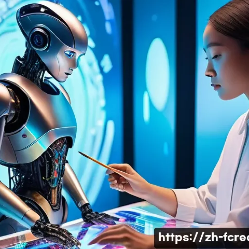 AI 기반의 창작과 감성 표현 - **Prompt:** "A futuristic art studio bathed in soft, ethereal light. A sleek, humanoid AI robot, wit...