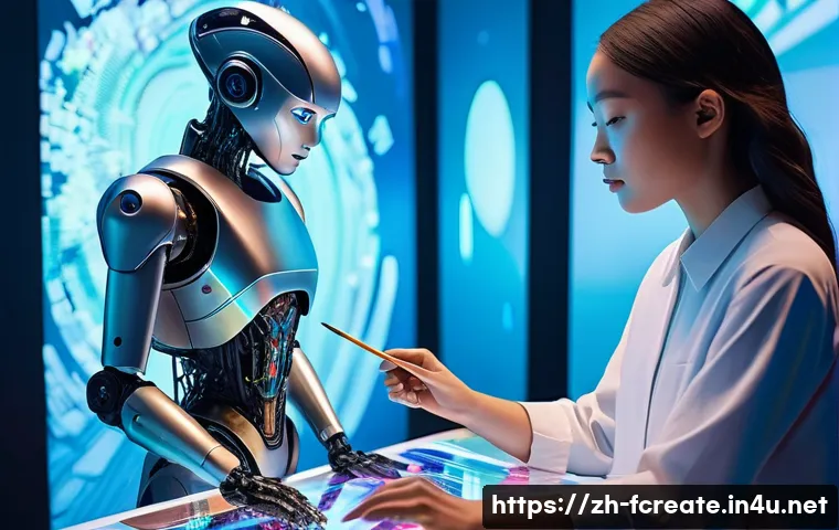 AI 기반의 창작과 감성 표현 - **Prompt:** "A futuristic art studio bathed in soft, ethereal light. A sleek, humanoid AI robot, wit...