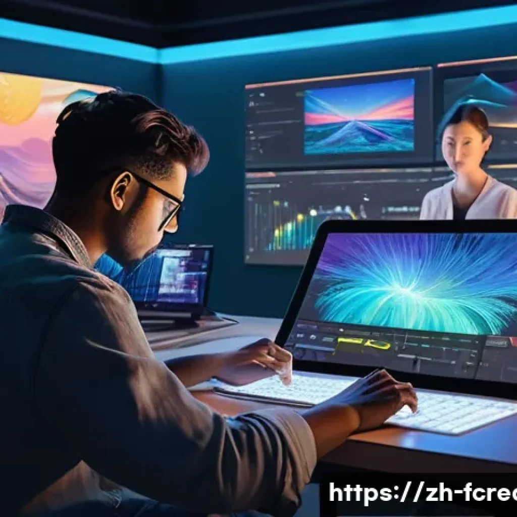 창작과 인공지능의 융합 - A futuristic creative studio scene showing a diverse group of artists collaborating with AI-powered ...