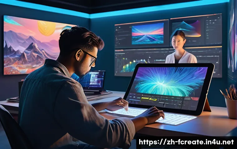 창작과 인공지능의 융합 - A futuristic creative studio scene showing a diverse group of artists collaborating with AI-powered ...