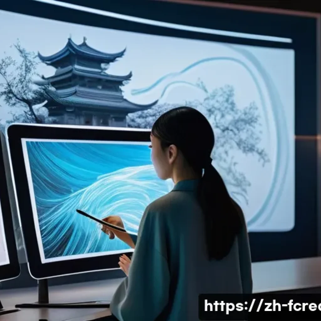 AI로 복제된 예술과 창작 - A futuristic digital artist&rsquo;s studio blending traditional Chinese ink painting tools with advanced A...