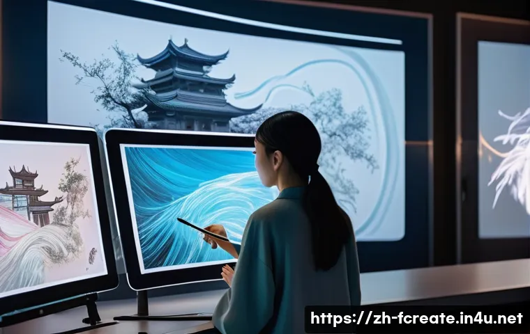 AI로 복제된 예술과 창작 - A futuristic digital artist&rsquo;s studio blending traditional Chinese ink painting tools with advanced A...