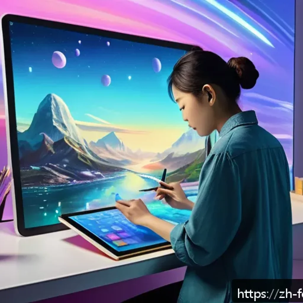 미래의 창작 도구와 인공지능 - A futuristic digital painting studio scene showing a professional artist using AI-powered tools on a...