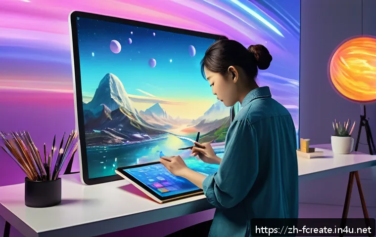 미래의 창작 도구와 인공지능 - A futuristic digital painting studio scene showing a professional artist using AI-powered tools on a...
