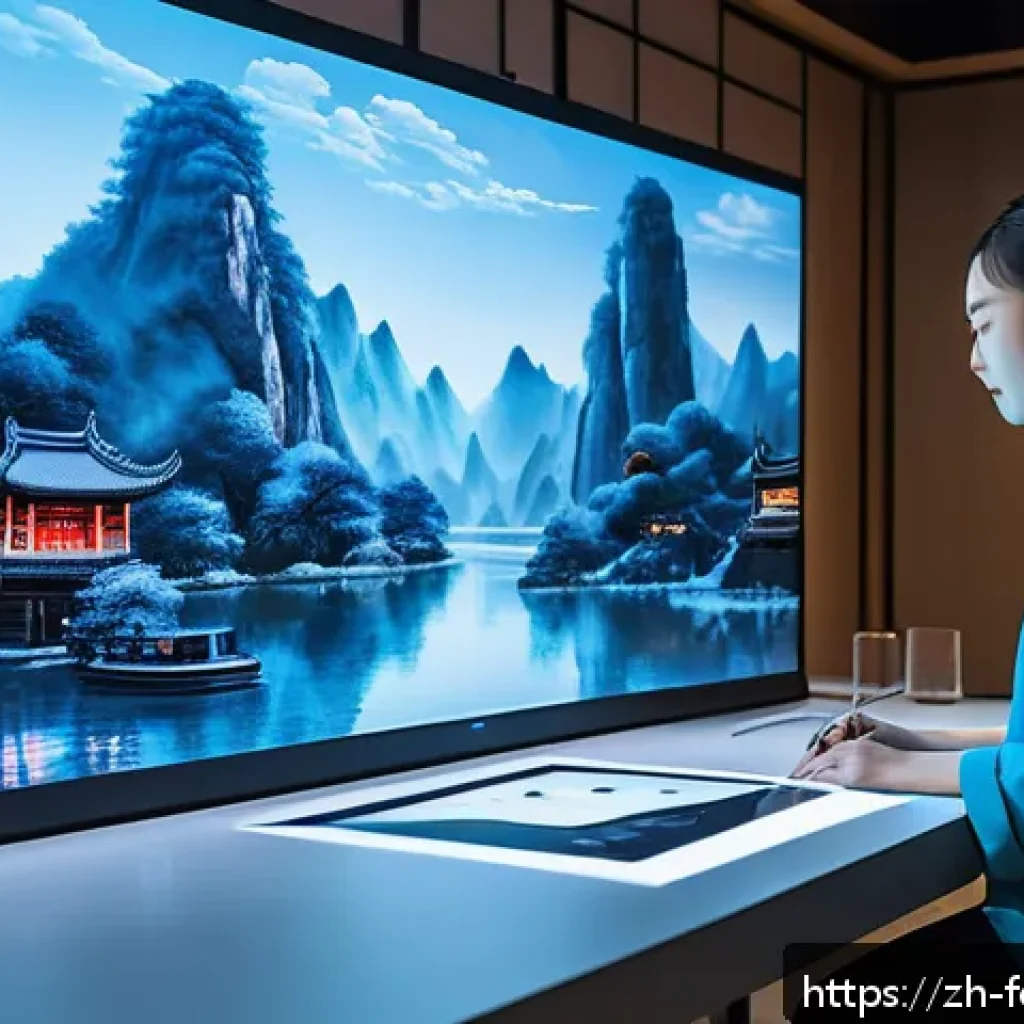 AI 창작과 인류 문화의 미래 - A futuristic art studio scene showing a young Chinese artist collaborating with an AI holographic as...