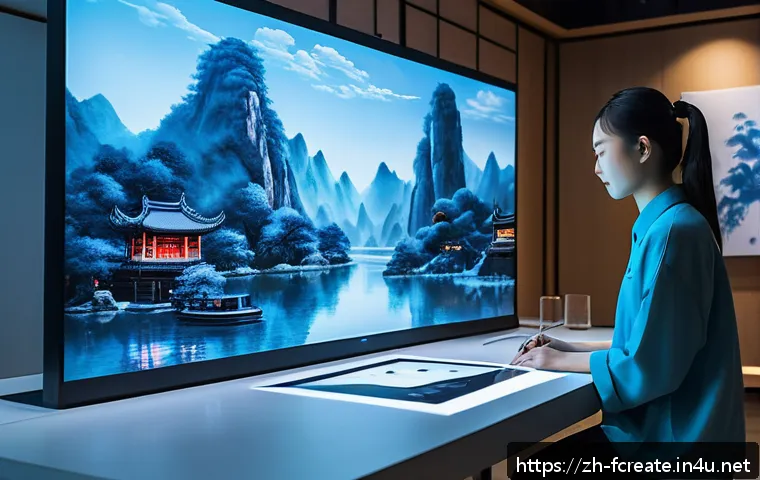 AI 창작과 인류 문화의 미래 - A futuristic art studio scene showing a young Chinese artist collaborating with an AI holographic as...