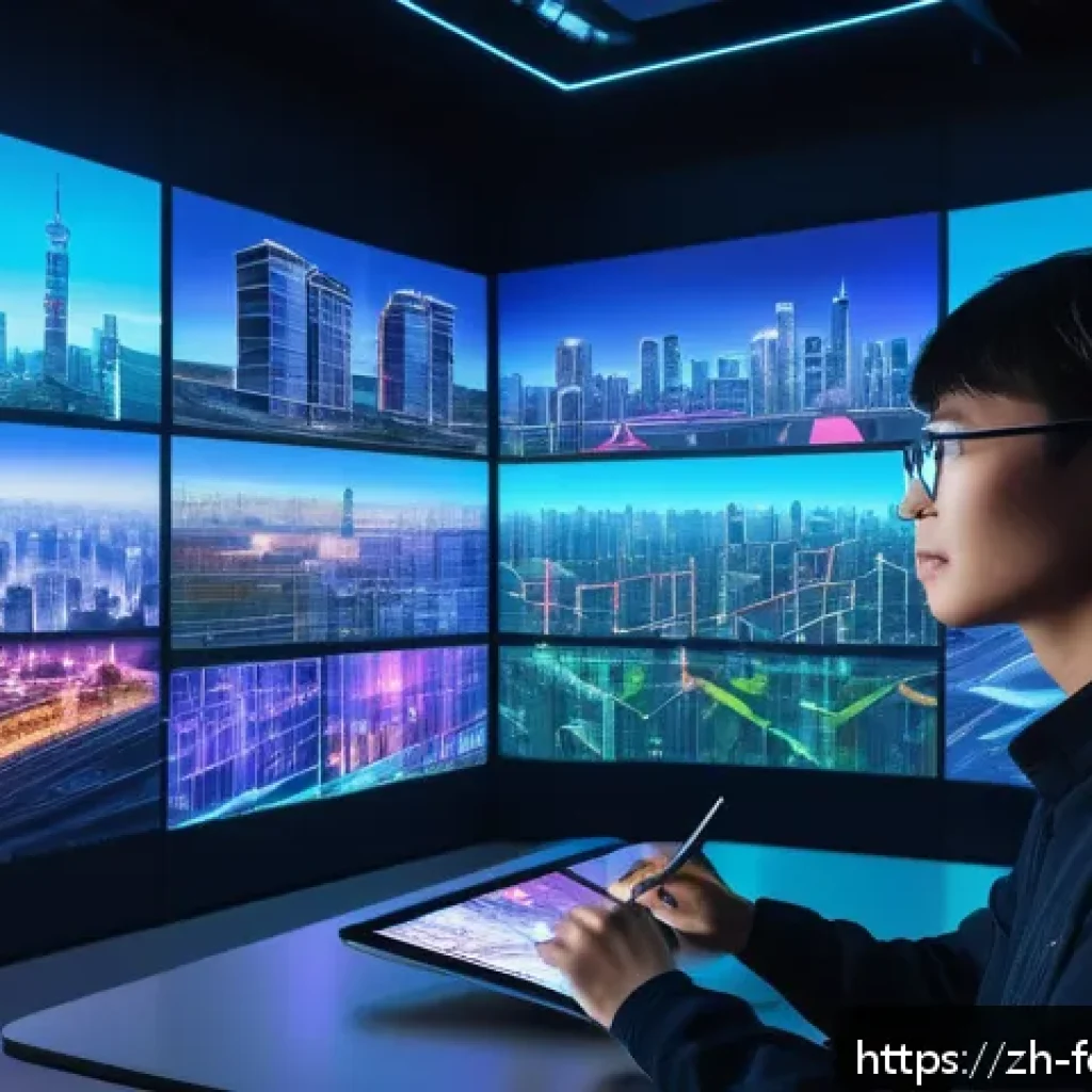 디지털 아티스트의 미래 역할 - A futuristic digital artist in a sleek studio surrounded by multiple holographic screens displaying ...
