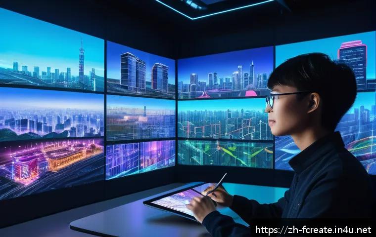 디지털 아티스트의 미래 역할 - A futuristic digital artist in a sleek studio surrounded by multiple holographic screens displaying ...