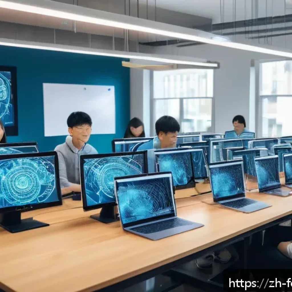 창작의 미래를 대비한 기술 교육 - A vibrant interdisciplinary classroom scene featuring diverse students collaborating on a futuristic...