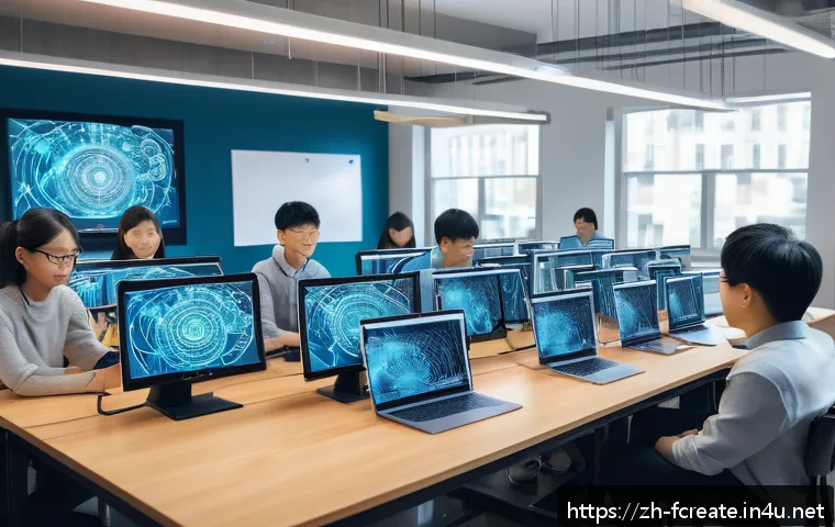 창작의 미래를 대비한 기술 교육 - A vibrant interdisciplinary classroom scene featuring diverse students collaborating on a futuristic...