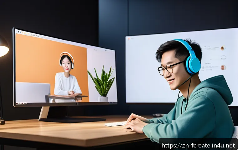 디지털 플랫폼과 창작의 변화 - A vibrant digital creator&rsquo;s workspace featuring multiple screens showing short video editing softwar...