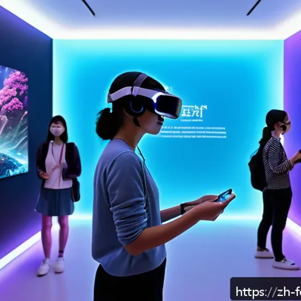 미래의 디지털 미술관 - A futuristic digital art museum interior blending virtual reality and augmented reality elements, fe...