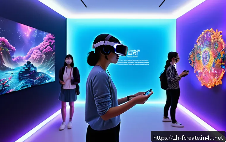 미래의 디지털 미술관 - A futuristic digital art museum interior blending virtual reality and augmented reality elements, fe...