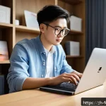 AI 기반의 창작 분석 - A modern workspace scene showing a young Chinese content creator using an AI-powered writing assista...