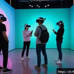 가상 현실 VR  아트 - A highly detailed immersive virtual reality art gallery scene featuring a diverse group of people we...