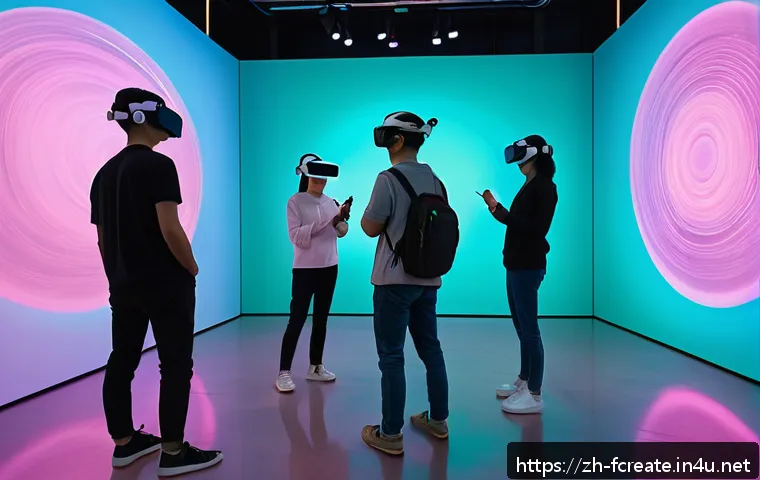 가상 현실 VR  아트 - A highly detailed immersive virtual reality art gallery scene featuring a diverse group of people we...