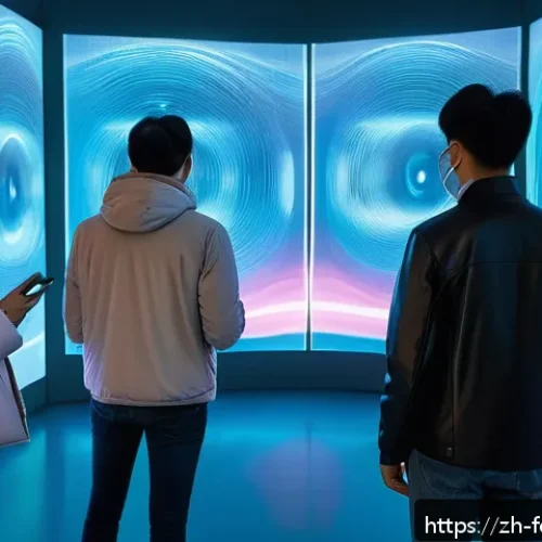 인터랙티브 아트와 창작 - A futuristic immersive art exhibition scene featuring a diverse group of visitors wearing comfortabl...