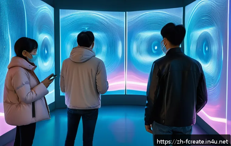 인터랙티브 아트와 창작 - A futuristic immersive art exhibition scene featuring a diverse group of visitors wearing comfortabl...