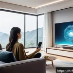 미래의 콘텐츠 소비 트렌드 - A futuristic smart living room scene showcasing a diverse group of people enjoying personalized movi...