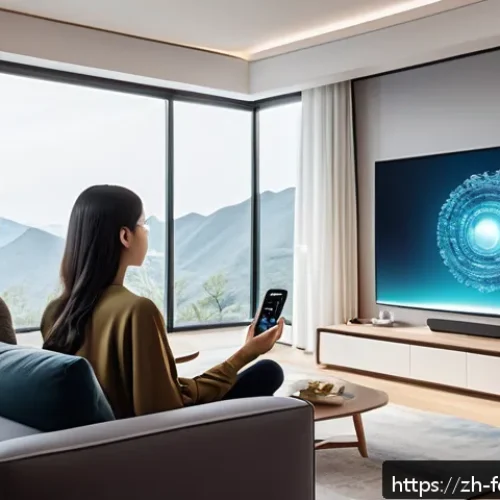 미래의 콘텐츠 소비 트렌드 - A futuristic smart living room scene showcasing a diverse group of people enjoying personalized movi...