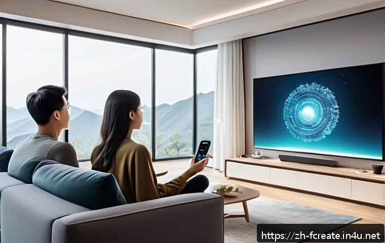 미래의 콘텐츠 소비 트렌드 - A futuristic smart living room scene showcasing a diverse group of people enjoying personalized movi...