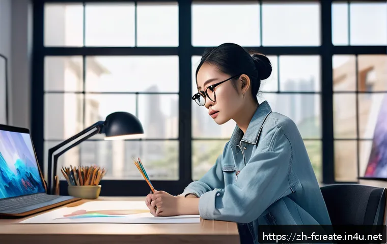 AI로 구현되는 창작 세계 - A futuristic artist's studio blending traditional and digital elements, featuring a young Asian fema...