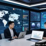 미래의 콘텐츠 생성 AI - A modern office scene showing a diverse team of professionals collaborating with advanced AI writing...