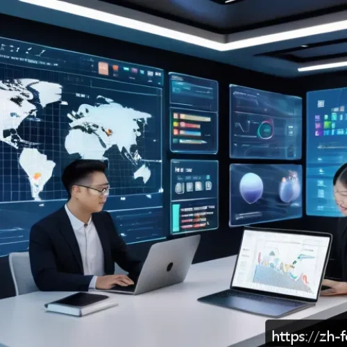미래의 콘텐츠 생성 AI - A modern office scene showing a diverse team of professionals collaborating with advanced AI writing...