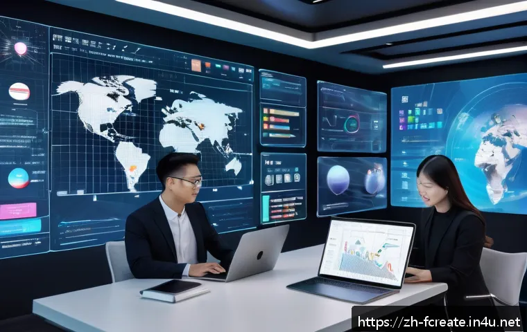 미래의 콘텐츠 생성 AI - A modern office scene showing a diverse team of professionals collaborating with advanced AI writing...