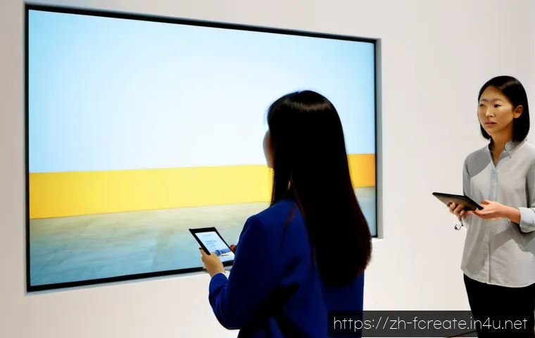 AI 창작물의 사회적 인식 - Photorealistic modern art gallery scene, diverse adult visitors thoughtfully viewing an abstract dig...