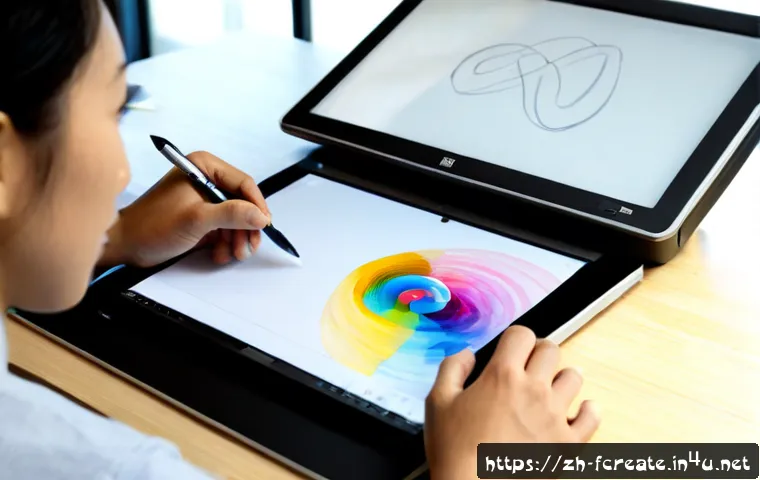 디지털 창작 도구의 발전 방향 - Photorealistic modern creative studio, diverse adult digital artist using a large pen display with a...
