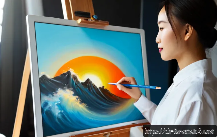 대체 불가능한 토큰 NFT 과 예술 창작 - Photorealistic contemporary artist in a sunlit studio creating a vibrant abstract painting on canvas...