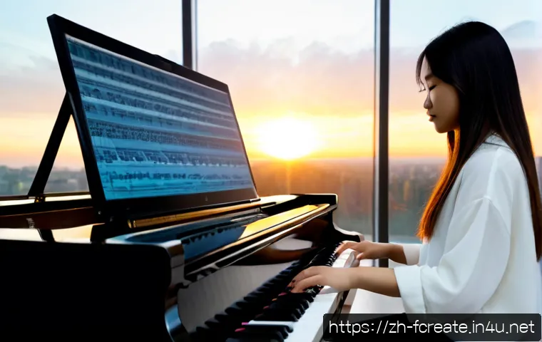 AI 작곡  인간과 기계의 협력 - Photorealistic modern music studio, a focused young composer wearing modest casual clothing plays a ...
